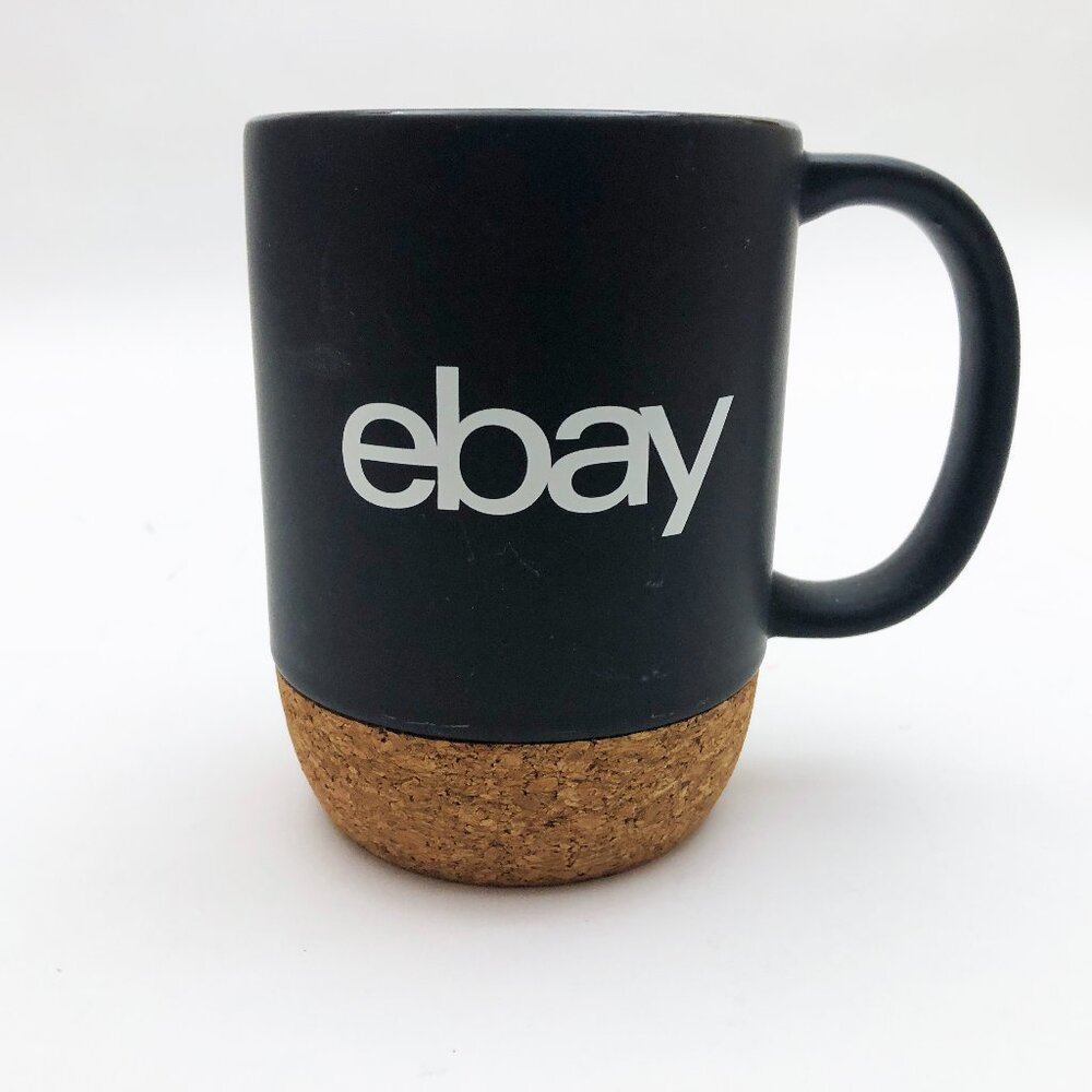 Ebay Coffee Mug Black w/ white letters Cork Nonslip Base Oversize